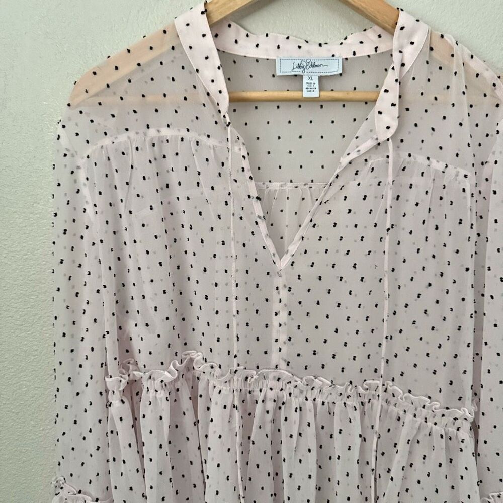 LIBBY EDELMAN | Sheer Ruffle Sleeve Blouse Polka Dot Blush Pink Black | Size XL - Picture 3 of 6